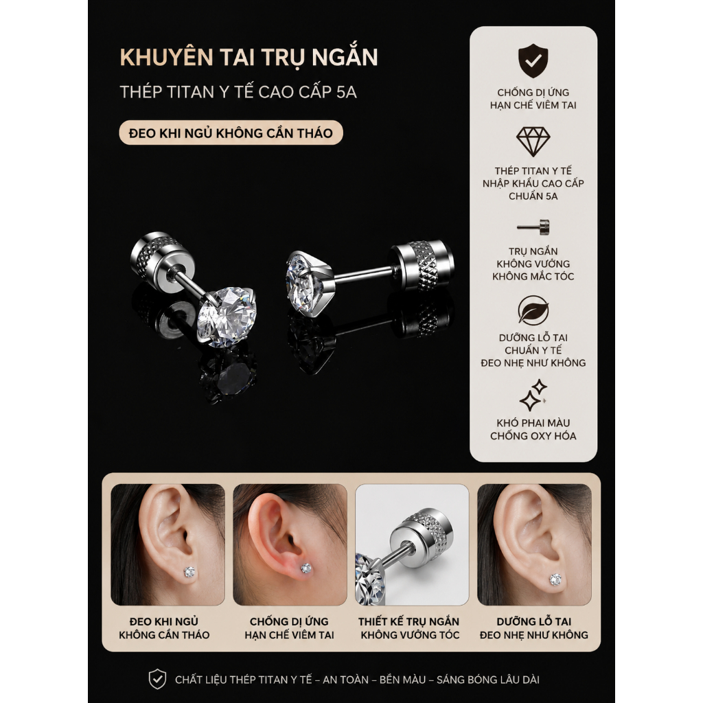 Khuyên tai thép không gỉ, titan, nam nữ unisex cá tính trẻ trung năng động
