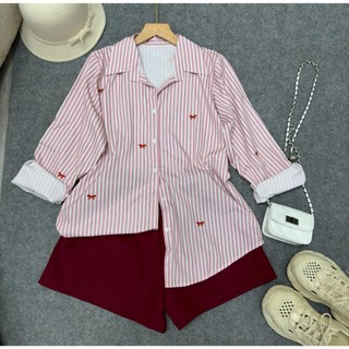 Set đồ bigsize nữ áo sơ mi kẻ sọc phom rộng phối quần đùi lưng chun co giãn thoải mái thoáng mát basic ngày hè - SET975