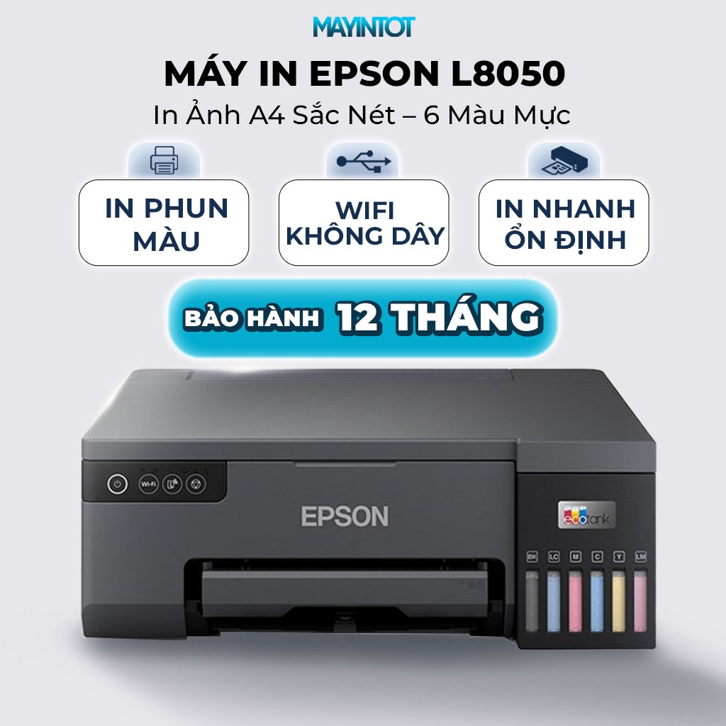Máy In Epson L8050 In Ảnh A4 Sắc Nét – 6 Màu Mực – Kết Nối WiFi Không Dây – Dùng Cho Hiệu Ảnh, Áo Cưới – Máy In Tốt