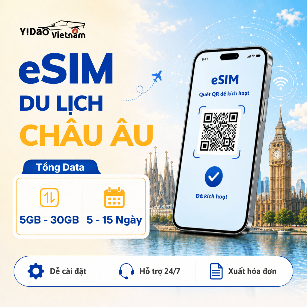 eSIM Châu Âu Gói Tổng Dung Lượng, eSIM Du Lịch 33 Nước Cài Đặt Bằng Mã QR, Tốc Độ Cao 5G Ổn Định
