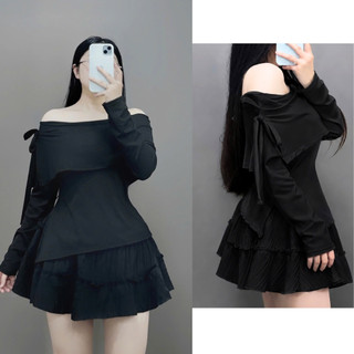 Set Bộ Tiểu Thư Bigsize Nữ Áo Trễ Vai Tay Dài Phối Váy Xòe Tầng Bèo Thanh Lịch SET942
