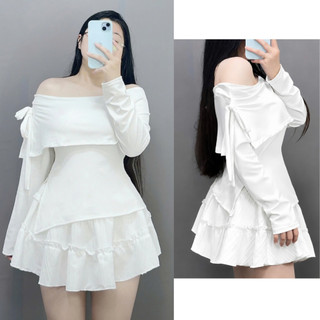 Set Bộ Tiểu Thư Bigsize Nữ Áo Trễ Vai Tay Dài Phối Váy Xòe Tầng Bèo Thanh Lịch SET942