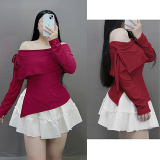 Set Bộ Tiểu Thư Bigsize Nữ Áo Trễ Vai Tay Dài Phối Váy Xòe Tầng Bèo Thanh Lịch SET942