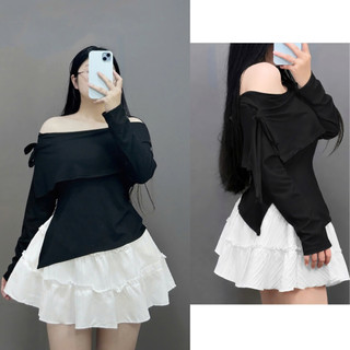 Set Bộ Tiểu Thư Bigsize Nữ Áo Trễ Vai Tay Dài Phối Váy Xòe Tầng Bèo Thanh Lịch SET942