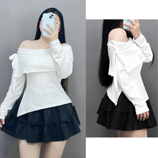 Set Bộ Tiểu Thư Bigsize Nữ Áo Trễ Vai Tay Dài Phối Váy Xòe Tầng Bèo Thanh Lịch SET942