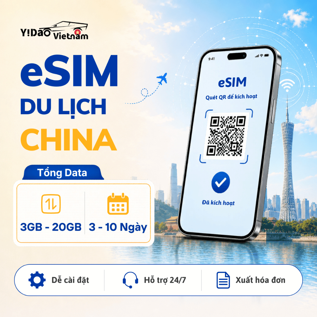 eSIM du lịch Trung Quốc, gói tổng dung lượng, data tốc độ cao, cài đặt nhanh chóng bằng mã QR