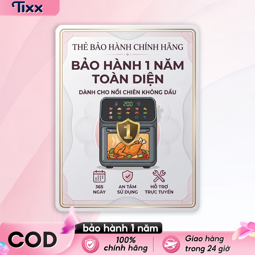 TIXX Thẻ bảo hành một năm Nồi chiên không dầu 1350W dung tích lớn màu trắng có cửa quan sát 360° tặng kèm vỉ nướng