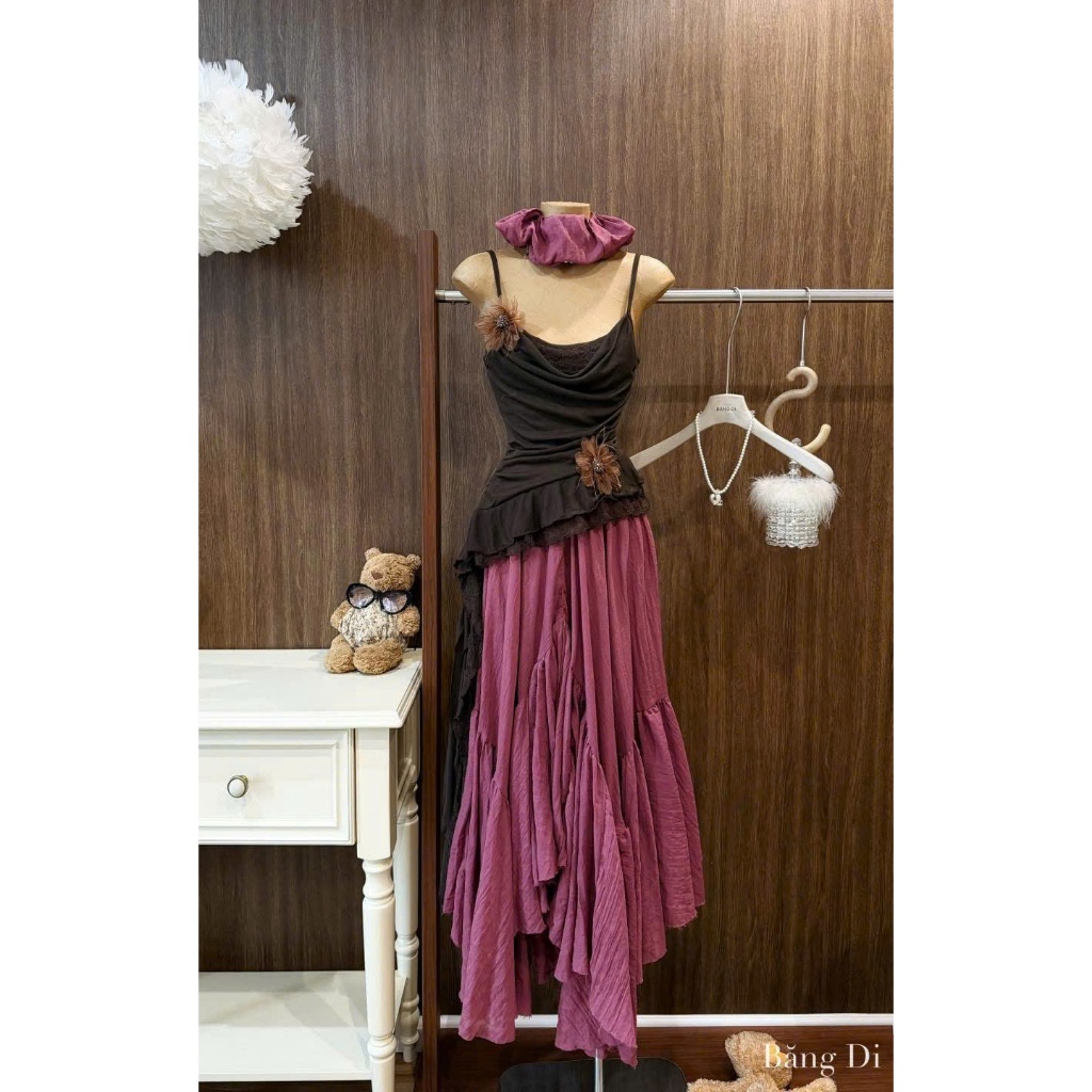 NH CLOTHER -Set đồ nữ áo hai dây ôm body phối chân váy dài xòe rộng tầng màu hồng