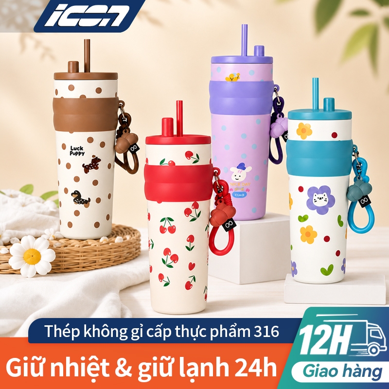 ICON Ly giữ nhiệt phủ sứ 316L: Giữ nhiệt 24h, dung tích lớn 710ml, kèm ống hút + nút chặn bụi, tặng charm