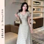 Váy Dáng Dài Chấm Bi Cổ V Phối Viền Bèo Buộc Dây JOLIE