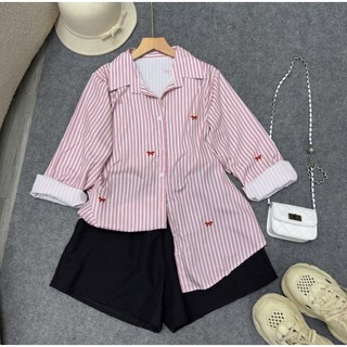 Set đồ bigsize nữ áo sơ mi kẻ sọc phom rộng phối quần đùi lưng chun co giãn thoải mái thoáng mát basic ngày hè - SET975