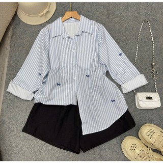 Set đồ bigsize nữ áo sơ mi kẻ sọc phom rộng phối quần đùi lưng chun co giãn thoải mái thoáng mát basic ngày hè - SET975