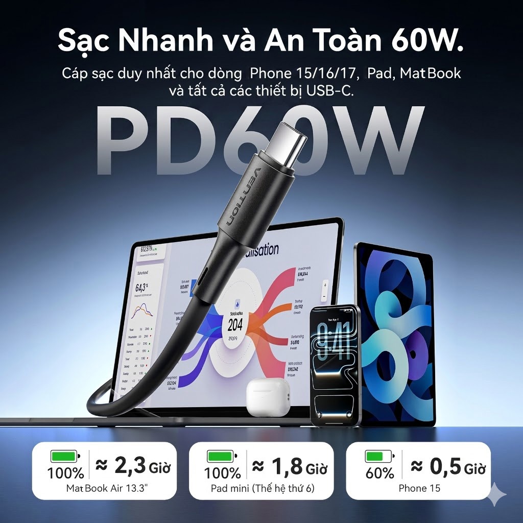 Cáp Sạc Nhanh USB-C 60W Vention PD 3A,Cáp Type C Truyền Dữ Liệu 480Mbps Cho Điện Thoại Laptop Tablet