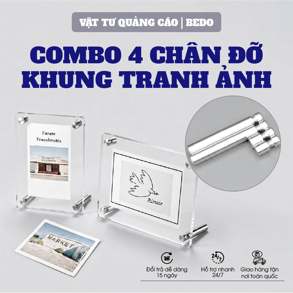 Bộ 4 Chân Ốc Inox Chân Khung Ảnh Mica BEDO Loại Chân Trụ Để Bàn Inox Chống Gỉ Lắp Đặt Chắc Chắn