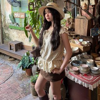 (HAVANA) Set áo chấm bi lưng chun kèm áo yếm SAT447