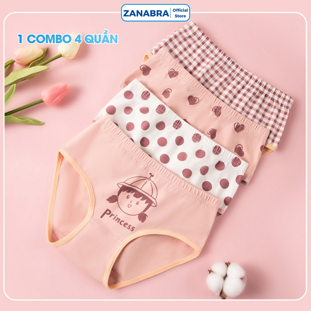 [ Xả Hàng ] Combo 4 Quần Lót Trẻ Em Cotton Thoáng Mát - Set 4 Quần Sịp Bé Gái Mềm Mịn Với Làn Da ZANABRA L7003