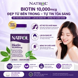 Viên uống Biotin Hỗ trợ tuyến lông tóc phát triển, Hạn chế rụng, Đẹp da & Chắc móng Natrol Biotin 10.000mcg