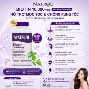 Natrol Biotin 10.000mcg Duy trì sức khỏe Tóc & Móng, Hỗ trợ da khỏe, Chuyển hóa năng lượng - Hộp 100 viên