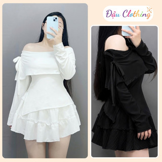 Set Bộ Tiểu Thư Bigsize Nữ Áo Trễ Vai Tay Dài Phối Váy Xòe Tầng Bèo Thanh Lịch SET942
