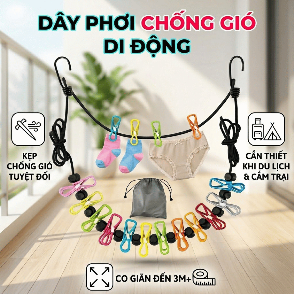 Dây Phơi Đồ Du Lịch Co Giãn 3.5m, 12 Kẹp Chống Gió, Giá Treo Chống Trượt, Dễ Di Chuyển