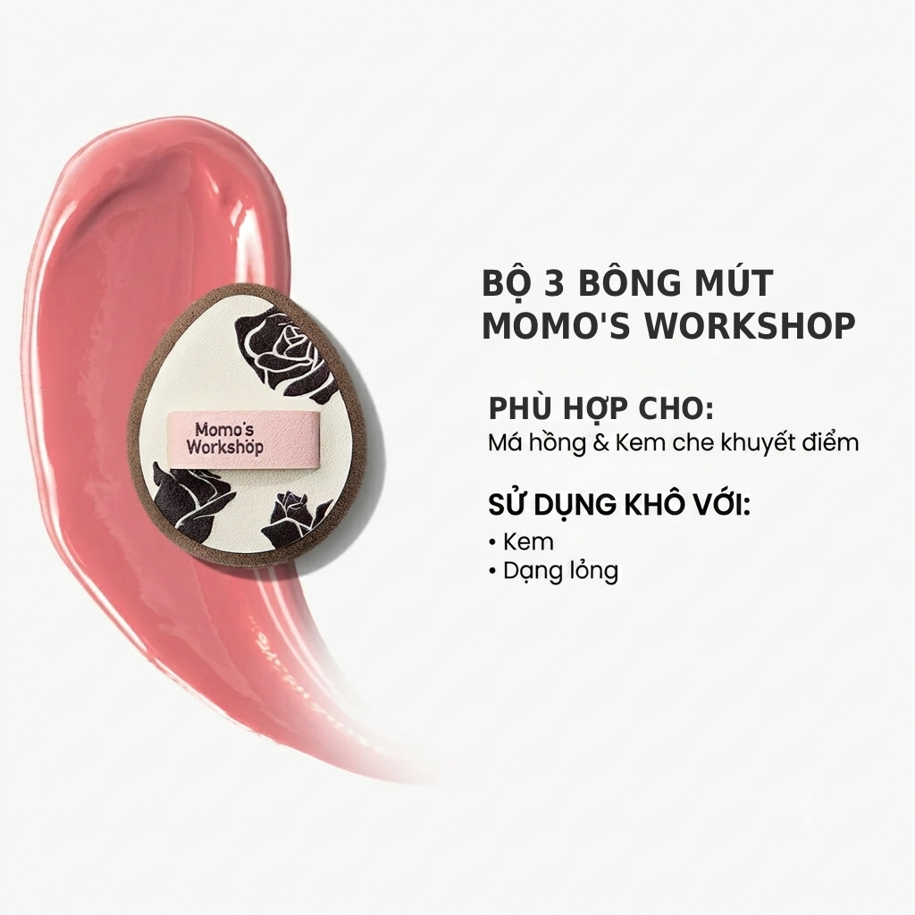 Bộ 3 Bông Mút Má Hồng - Che Khuyết Điểm Cao Cấp Momo's Workshop Rosy Reverie Amber Mini Trio- Dry Use (3pcs)