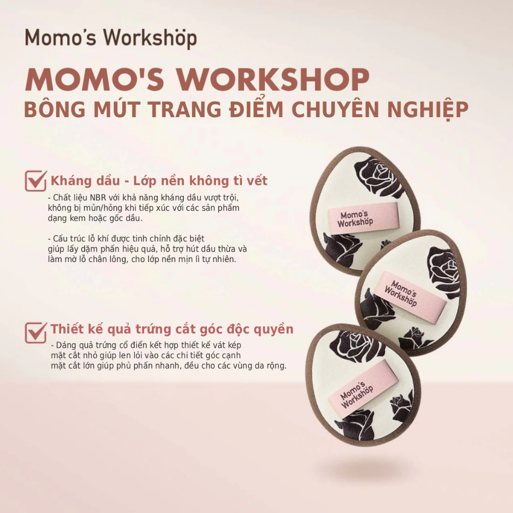 Bộ 3 Bông Mút Má Hồng - Che Khuyết Điểm Cao Cấp Momo's Workshop Rosy Reverie Amber Mini Trio- Dry Use (3pcs)