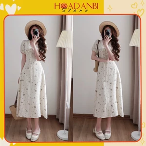 Váy Cổ V Dáng Dài Hoa Nhí Phong Cách Tiểu Thư, Váy maxi hoa nhí dáng dài siêu xinh