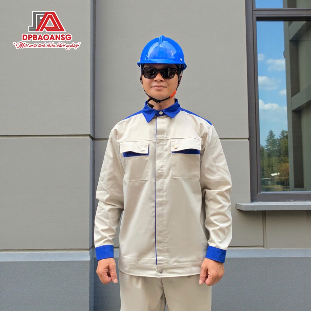 QUẦN - ÁO BẢO HỘ LAO ĐỘNG TAY DÀI KAKI MÀU KEM PHỐI XANH - BỘ ĐỒ BẢO HỘ CHO KỸ SƯ GIÁM SÁT CÔNG TRÌNH, KỸ THUẬT VIÊN