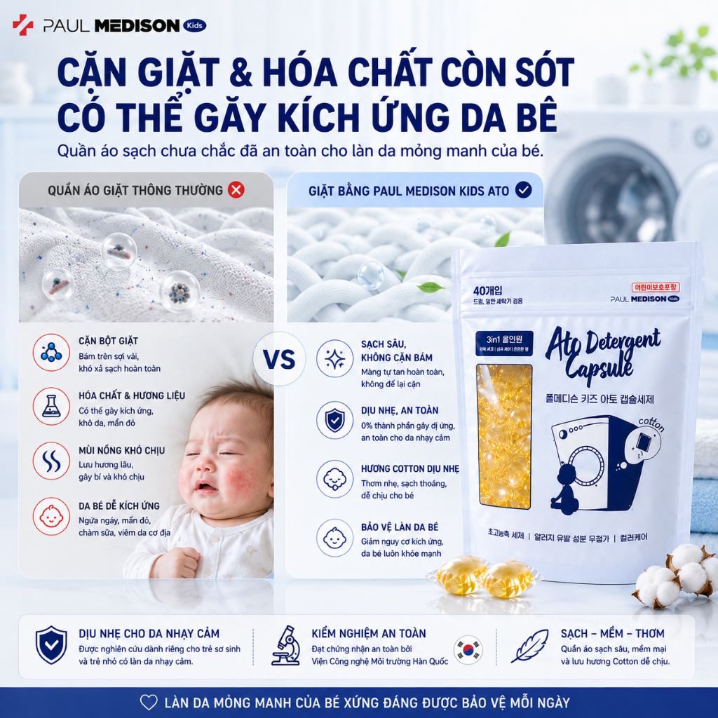 [DỊU NHẸ CHO BÉ] Viên Giặt Hàn Quốc Paul Medison Kids Ato Cho Bé Da Nhạy Cảm,Chàm Sữa Kích Ứng 40V