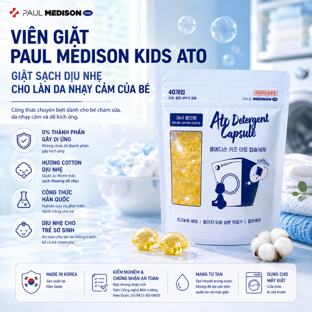 [DỊU NHẸ CHO BÉ] Viên Giặt Hàn Quốc Paul Medison Kids Ato Cho Bé Da Nhạy Cảm,Chàm Sữa Kích Ứng 40V