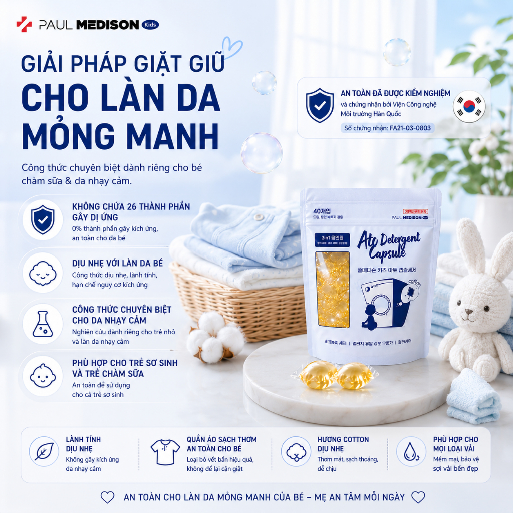 [DỊU NHẸ CHO BÉ] Viên Giặt Hàn Quốc Paul Medison Kids Ato Cho Bé Da Nhạy Cảm,Chàm Sữa Kích Ứng 40V