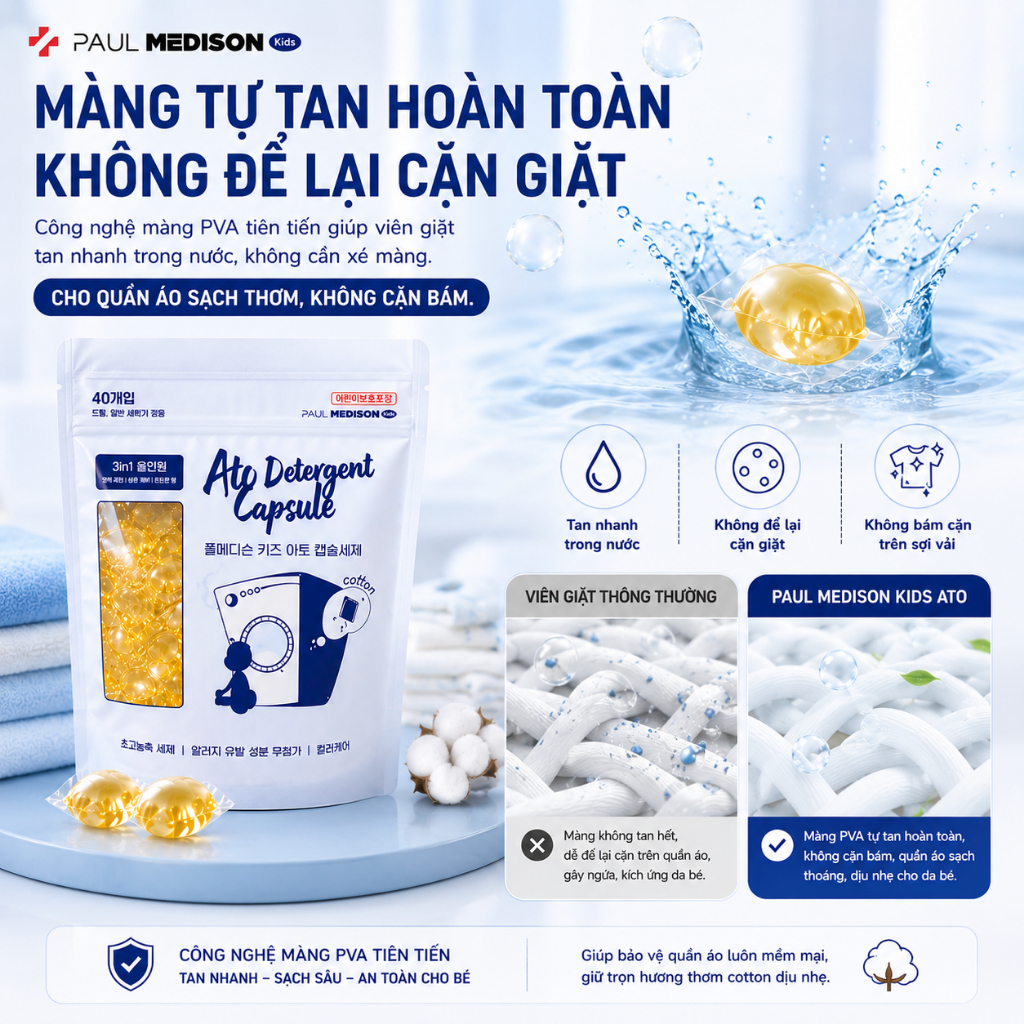 [DỊU NHẸ CHO BÉ] Viên Giặt Hàn Quốc Paul Medison Kids Ato Cho Bé Da Nhạy Cảm,Chàm Sữa Kích Ứng 40V