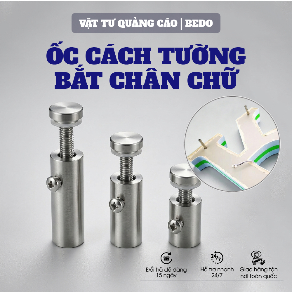 Ốc Cách Tường Inox BEDO Phi 2cm 3cm 4cm Hắt LED Chữ Nổi Logo Quảng Cáo Sang Trọng Bền Đẹp