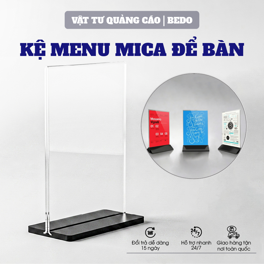 Kệ mica trưng bày, menu mica, standee mica để bàn chất liệu mica Đài Loan BEDO