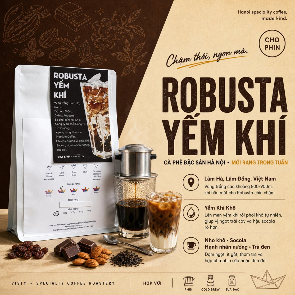 Cà phê rang xay Fine Robusta Lâm Hà Lâm Đồng Visty sơ chế yếm khí khô mùa vụ 2025 dành cho pha phin, pha máy