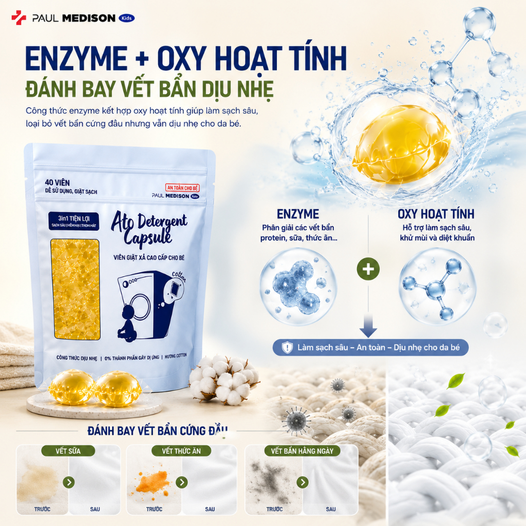 [DA NHẠY CẢM] Viên Giặt Hàn Quốc Paul Medison Kids Ato Dịu Nhẹ Cho Bé Chàm Sữa Viêm Da Cơ Địa 40V