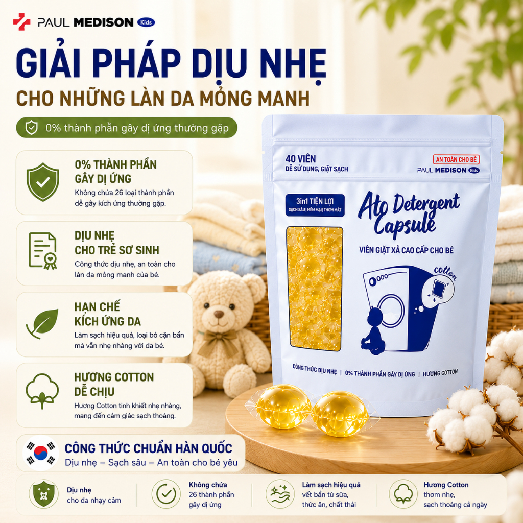 [DA NHẠY CẢM] Viên Giặt Hàn Quốc Paul Medison Kids Ato Dịu Nhẹ Cho Bé Chàm Sữa Viêm Da Cơ Địa 40V