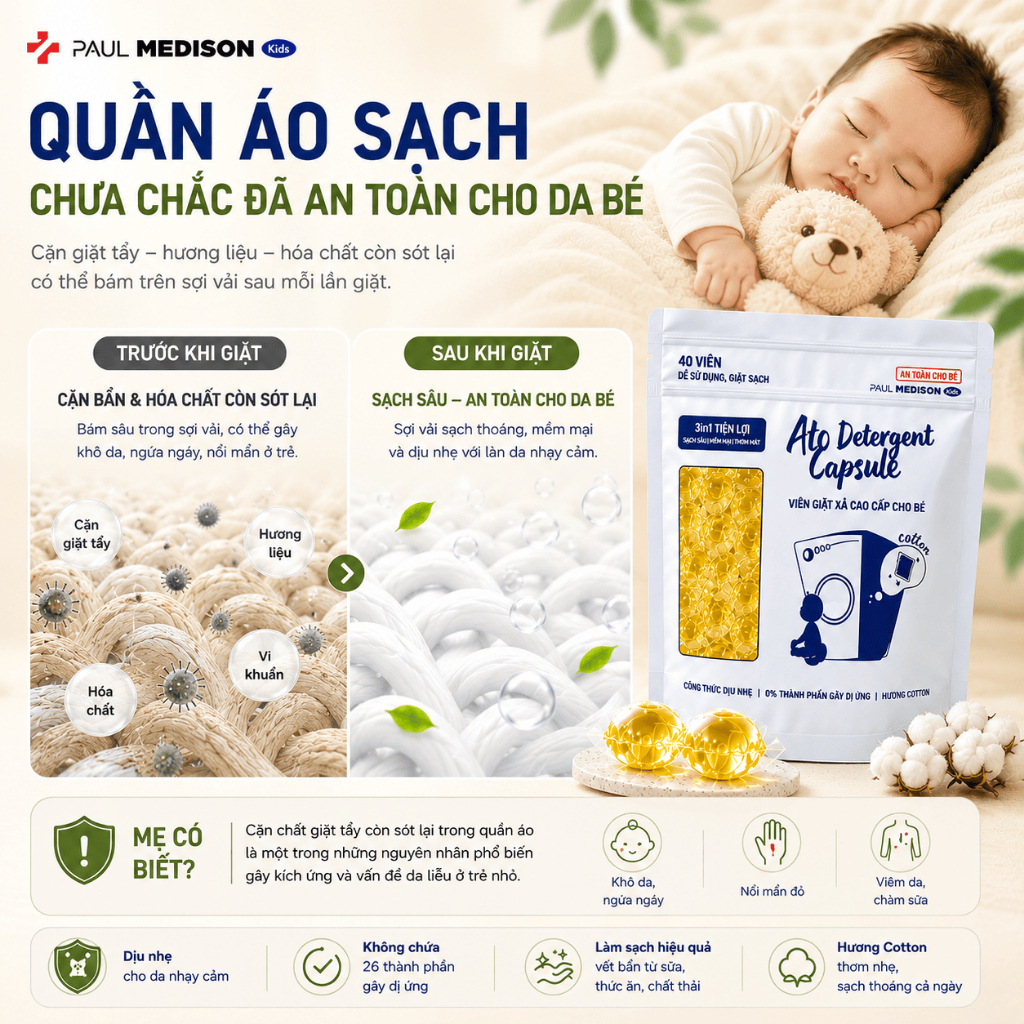[DA NHẠY CẢM] Viên Giặt Hàn Quốc Paul Medison Kids Ato Dịu Nhẹ Cho Bé Chàm Sữa Viêm Da Cơ Địa 40V