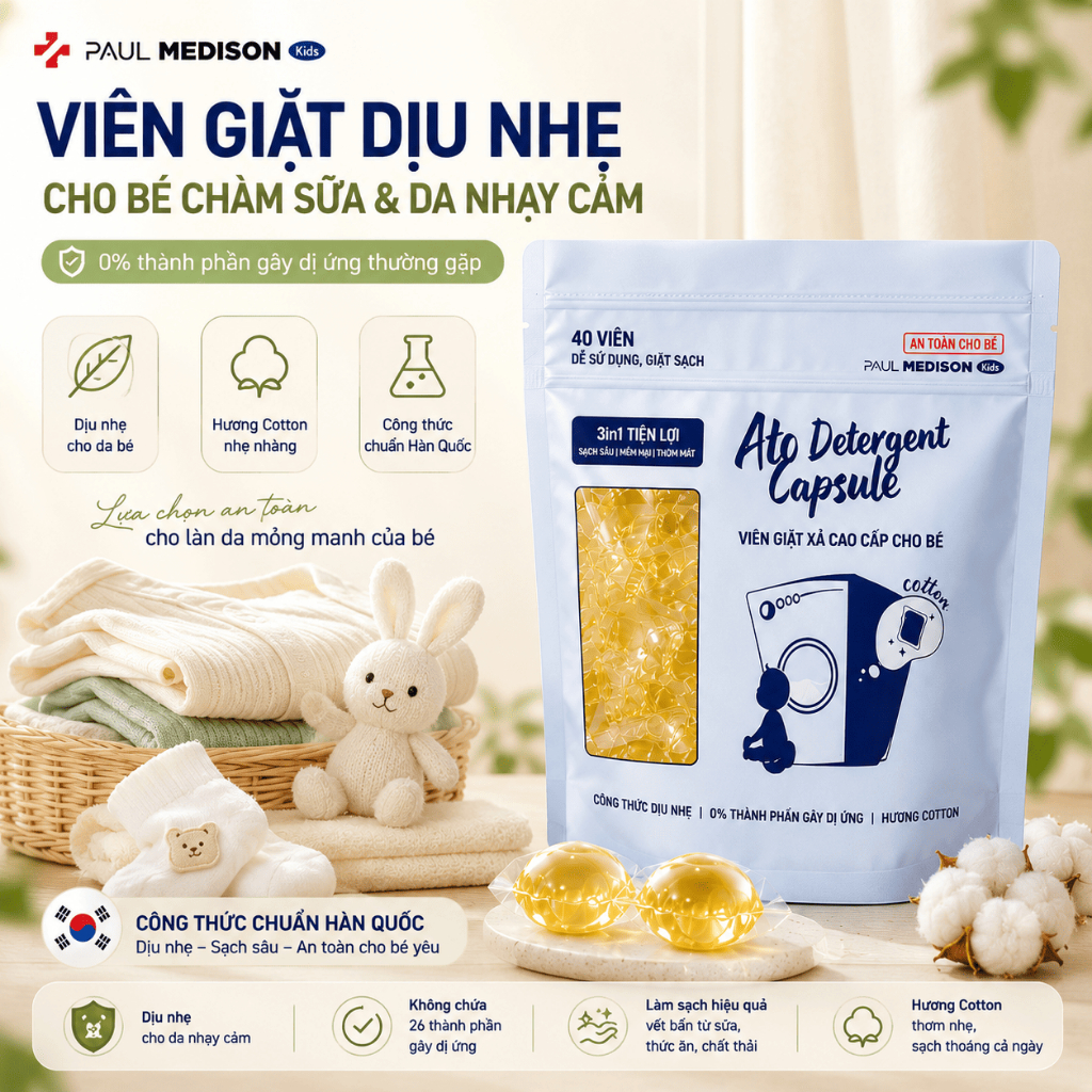 [DA NHẠY CẢM] Viên Giặt Hàn Quốc Paul Medison Kids Ato Dịu Nhẹ Cho Bé Chàm Sữa Viêm Da Cơ Địa 40V