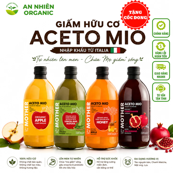 Giấm Táo, Giấm Lựu Hữu Cơ Aceto Mio - Lên Men Tự Nhiên - Nhập Khẩu Ý