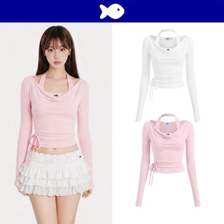 Set áo croptop phối áo tay dài cổ đổ nữ DKMV thiết kế kèm dây cột nơ eo hoạ tiết trơn đính logo cá inox Enid Top | K-T61
