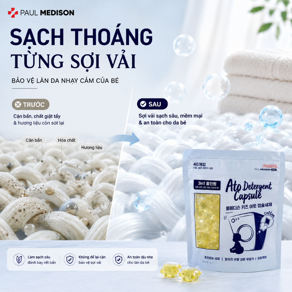 [AN TOÀN DA BÉ] Viên Giặt Paul Medison Kids Ato Hàn Quốc Cho Bé Chàm Sữa & Da Dễ Kích Ứng | 40 Viên
