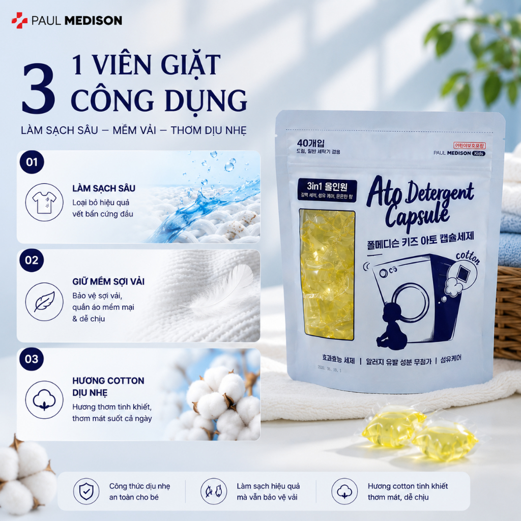[AN TOÀN DA BÉ] Viên Giặt Paul Medison Kids Ato Hàn Quốc Cho Bé Chàm Sữa & Da Dễ Kích Ứng | 40 Viên