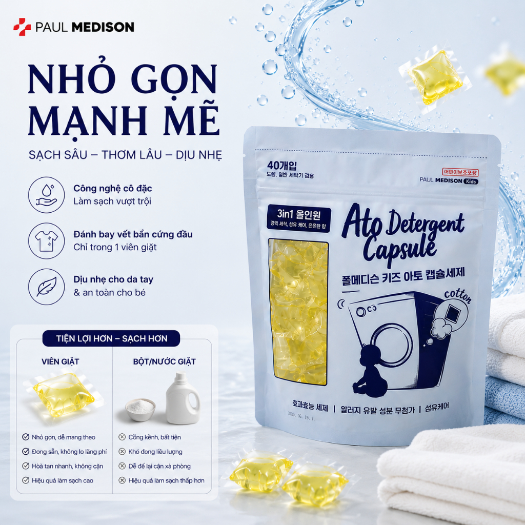 [AN TOÀN DA BÉ] Viên Giặt Paul Medison Kids Ato Hàn Quốc Cho Bé Chàm Sữa & Da Dễ Kích Ứng | 40 Viên