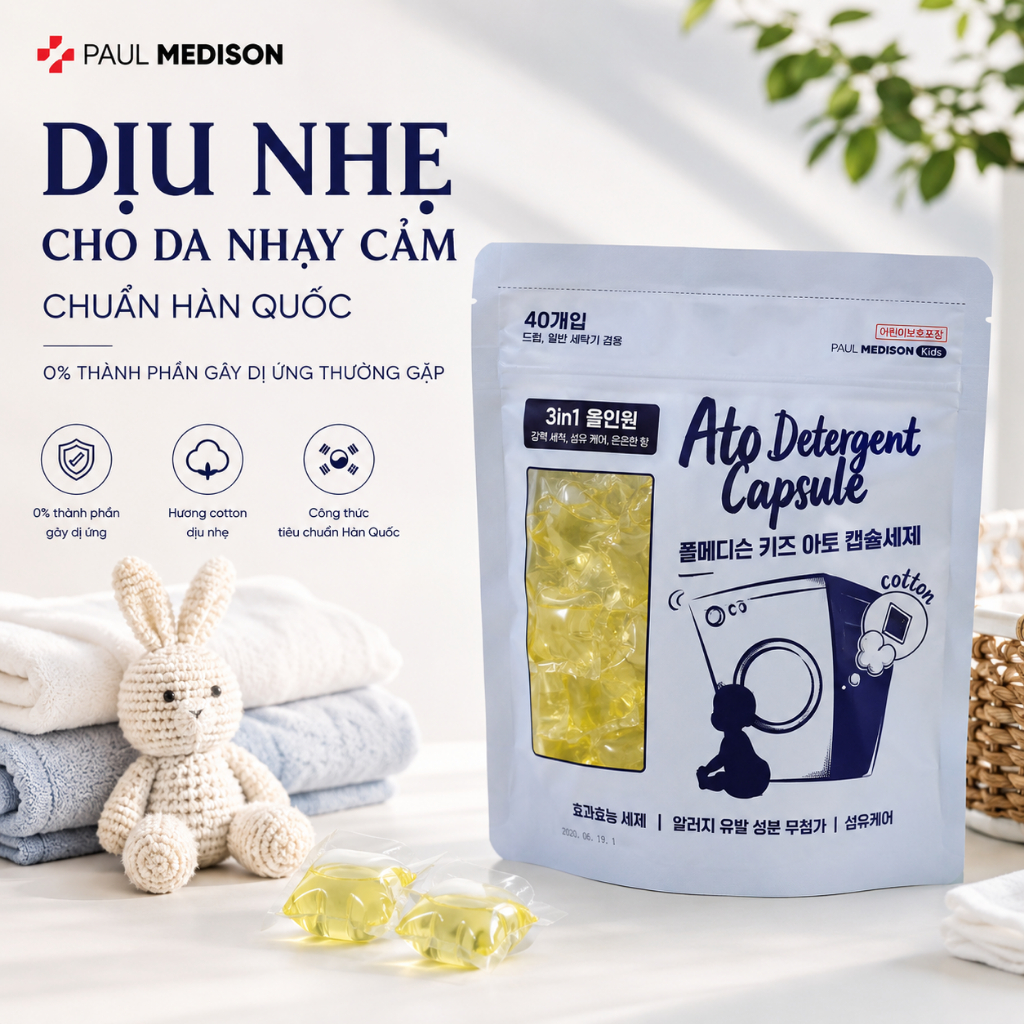 [AN TOÀN DA BÉ] Viên Giặt Paul Medison Kids Ato Hàn Quốc Cho Bé Chàm Sữa & Da Dễ Kích Ứng | 40 Viên