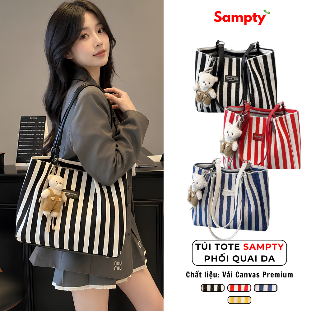 Túi Tote 𝐒𝐚𝐦𝐩𝐭𝐲 Dáng Tote Hộp Sọc Dọc Vải Canvas Phối Quai Da Kèm Gấu Treo Phong Cách Hàn Quốc 2026