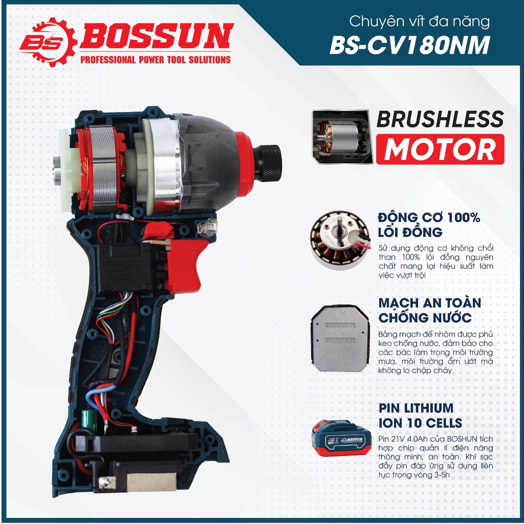 [CHÍNH HÃNG] Máy Chuyên Vít Bossun BS-CV180NM Không chổi than, Lực siết 180N, 3 Cấp tốc độ, Hàng chính hãng