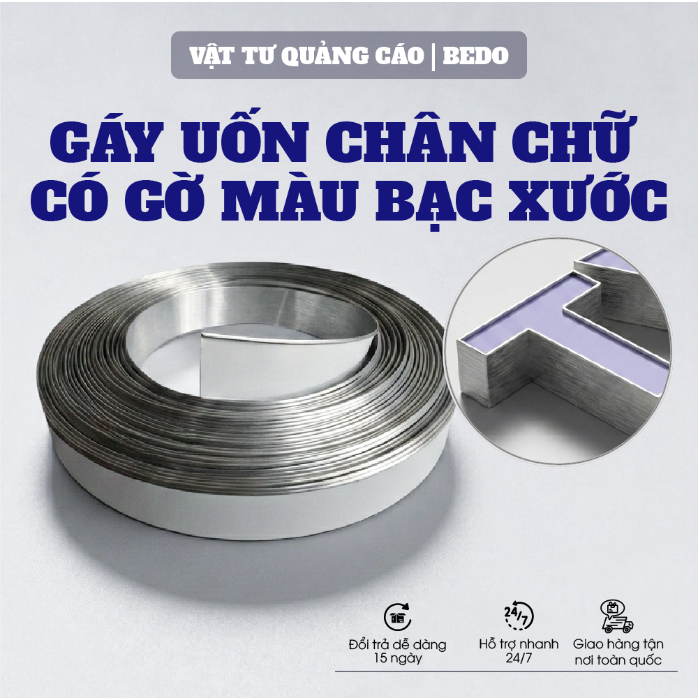 Gáy Nhôm Uốn Chữ Nổi BEDO Bạc Xước Có Gờ 0.6mm Cao 4cm 6cm 8cm 10cm Cuộn 50m Bền Đẹp