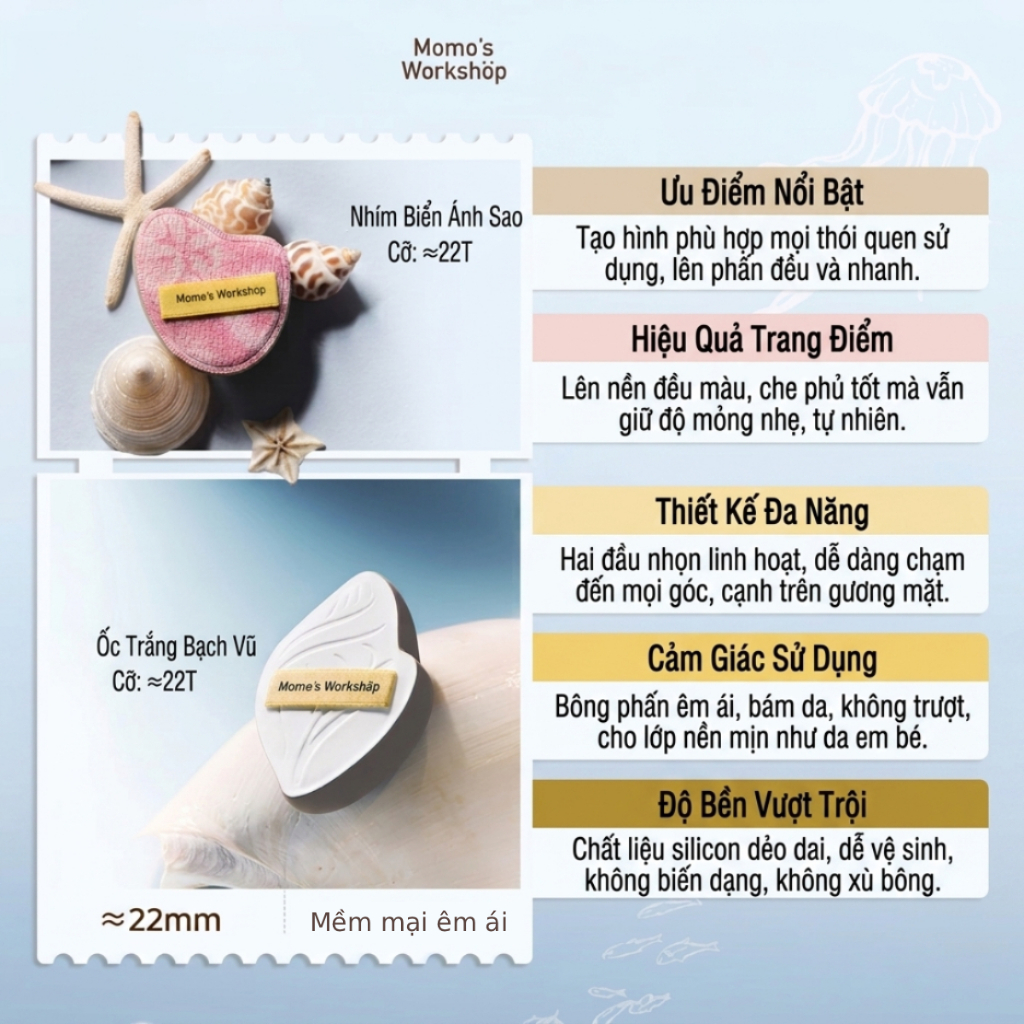 Bông Mút Tán Nền Ốc Bạch Vũ Momo's Workshop Momoland Airy Mallow Puff Milky Tides - 2pcs