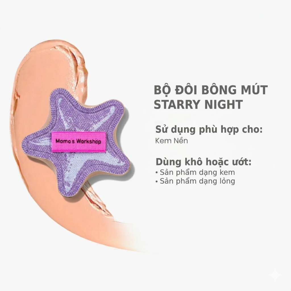 Bông Mút Trang Điểm Sao Biển Đa Năng Momo's Workshop Paopaomi Dewy Puff Starry Night - 2pcs